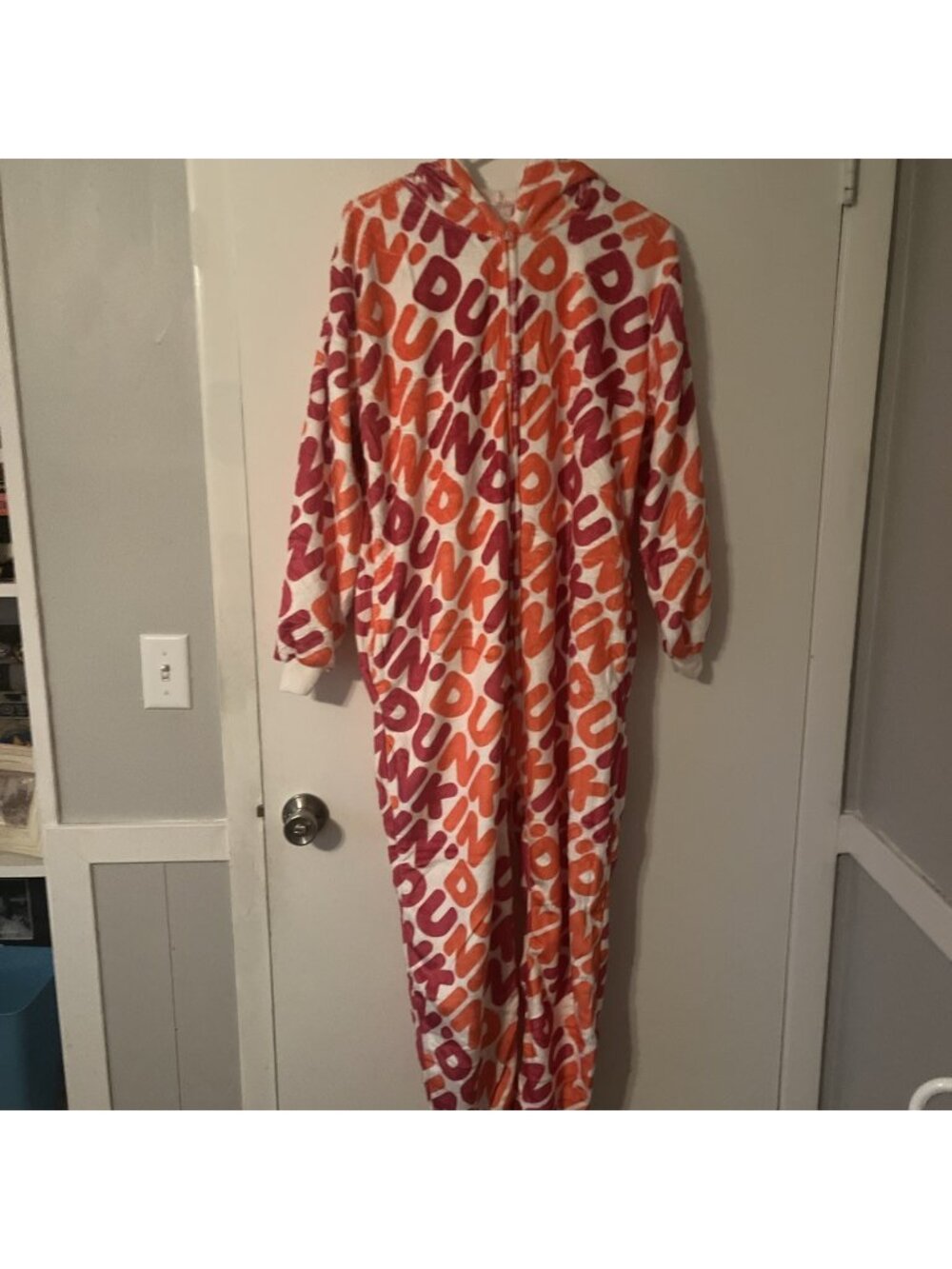 Dunkin Donuts Fleece Hooded One Piece Sleepwear Lounge PJ's Size Large unisex